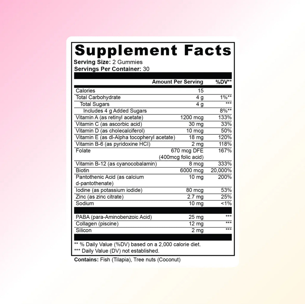 Hair, Skin & Nails Gummies ingredients: biotin, collagen, vitamins C, E, and zinc